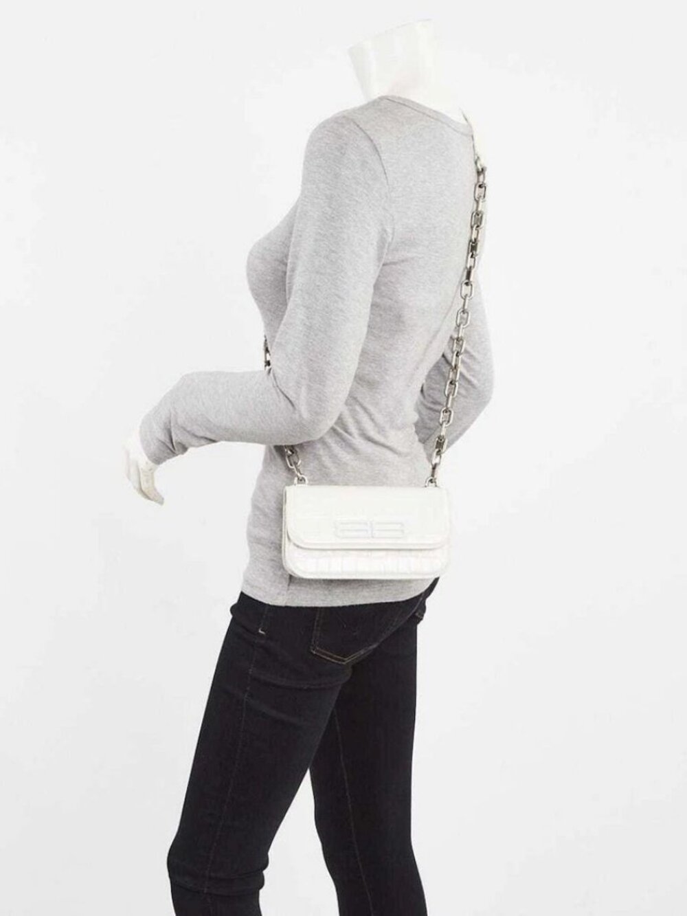 Balenciaga White Croc Embossed Calfskin Leather Gossip XS Chain Crossbody Bag